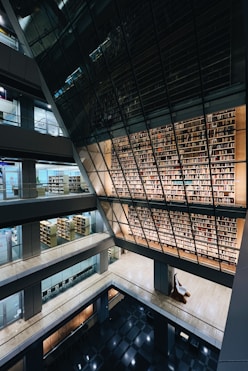 a person sitting on a bench in a library