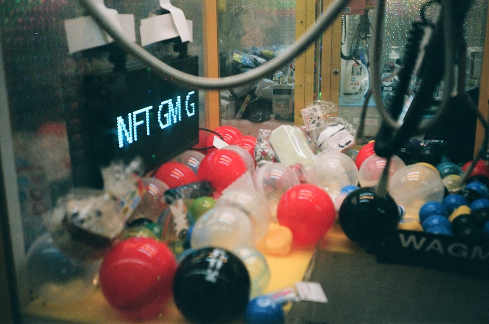 a display case filled with lots of plastic bottles