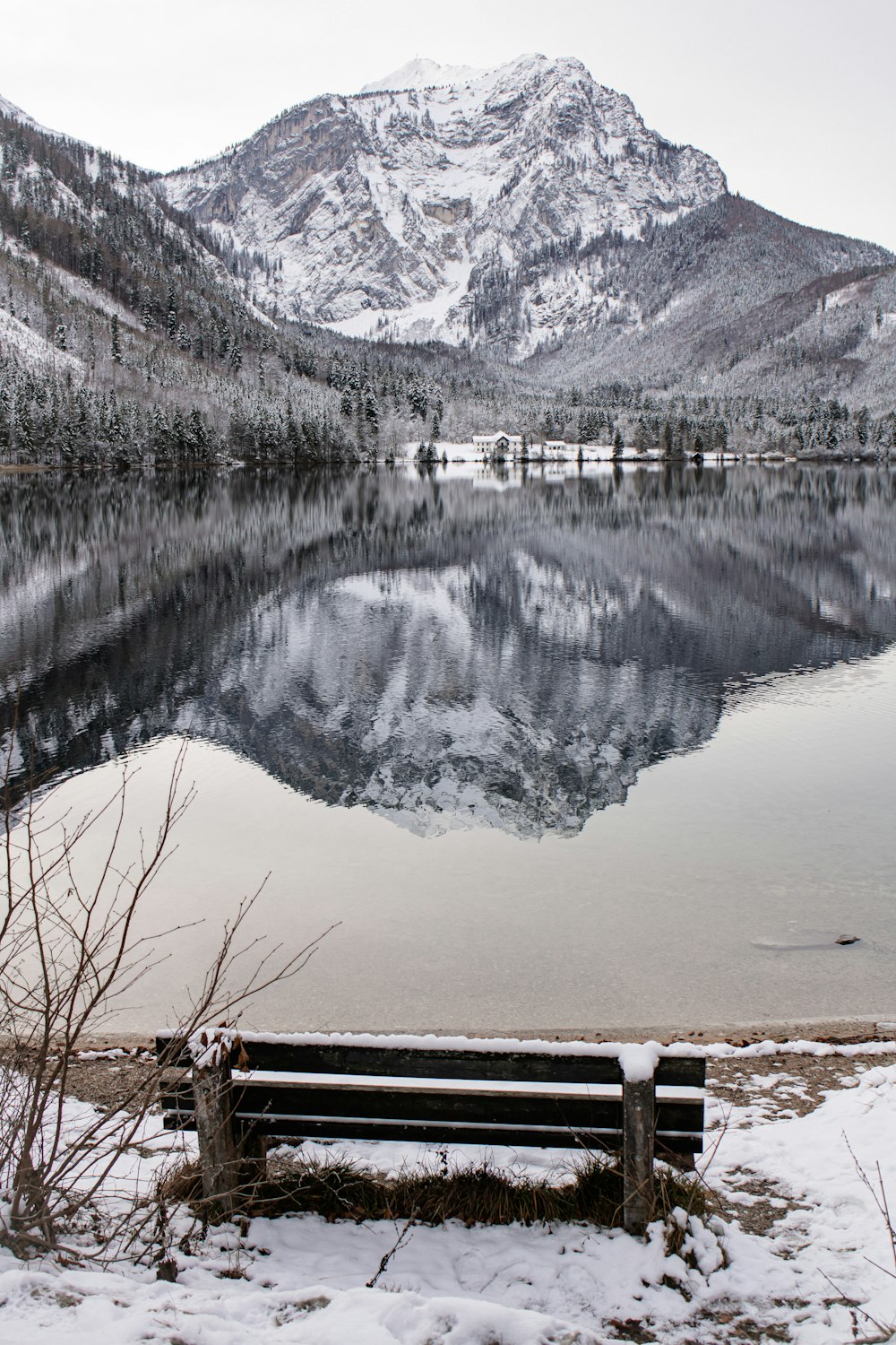 a bench sitting on the shore of a lake