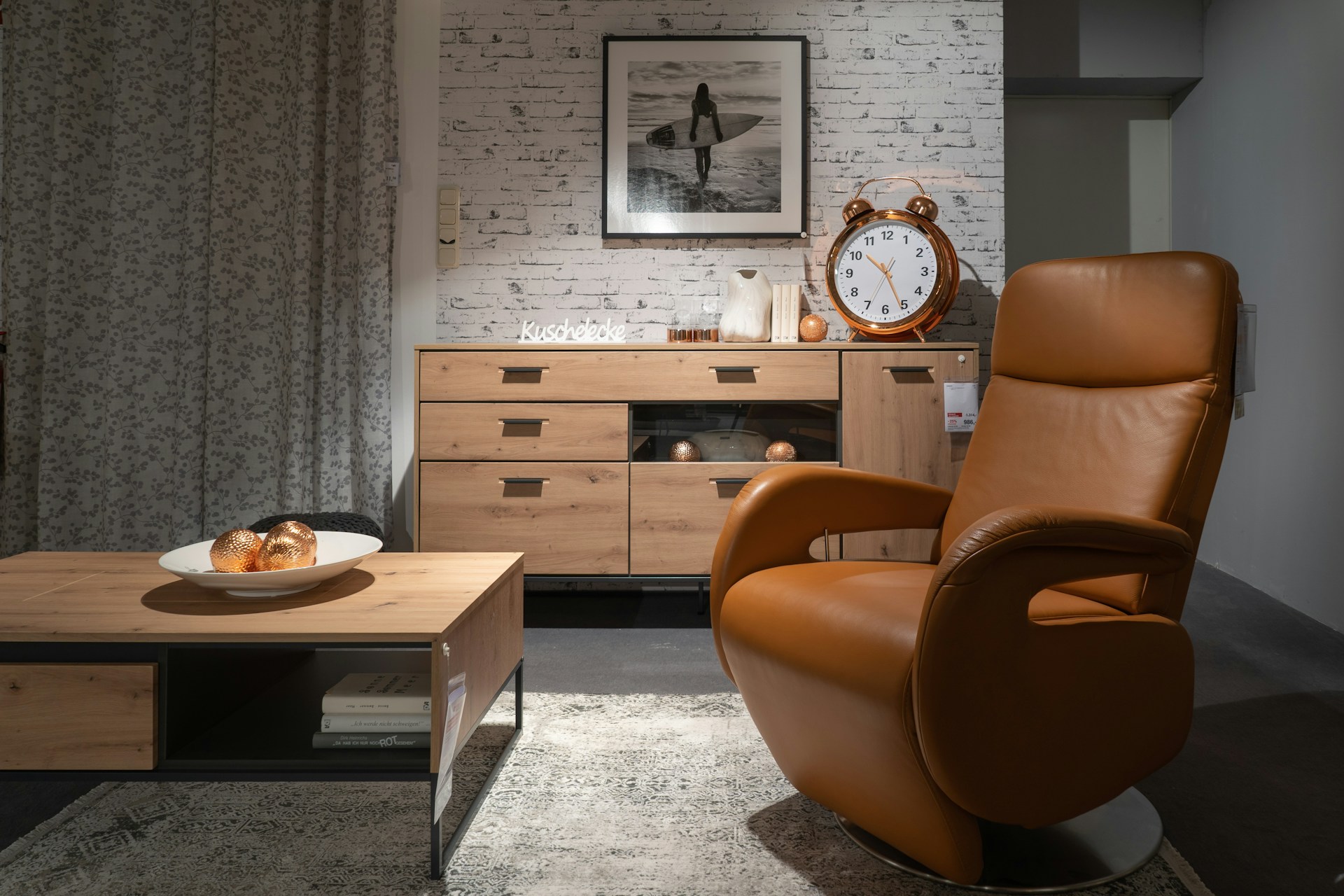 a living room filled with furniture and a clock