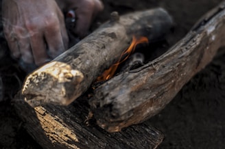 A close-up of two pieces of wood being arranged to start a campfire. One can see hands holding a lighter, with small flames and smoke starting to emerge between the logs.