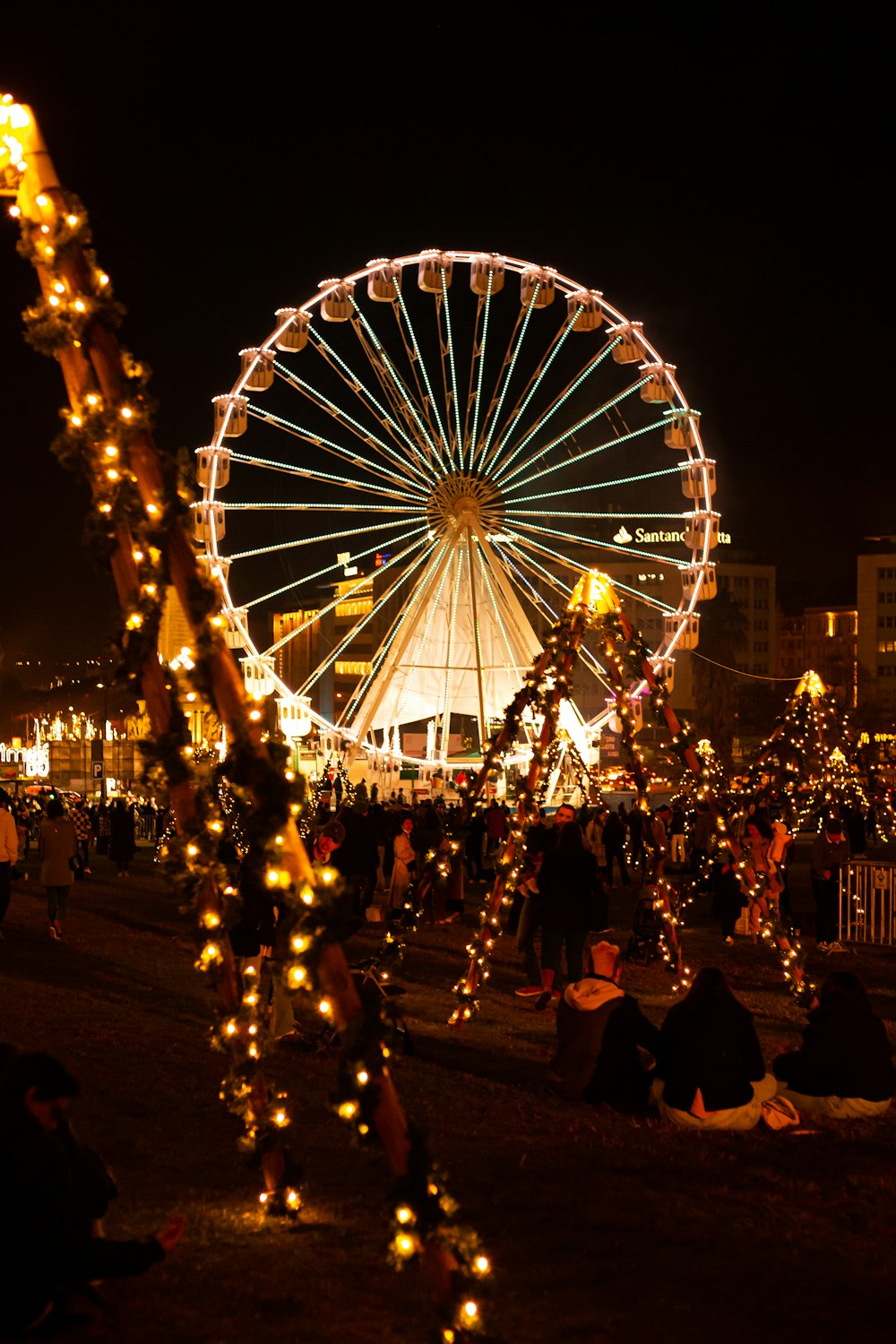 a ferris wheel is lit up at night