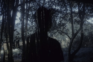 Shadowy silhouette of a tikbalang lurking near twisted trees.