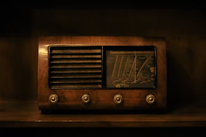 a brown radio sitting on top of a wooden shelf