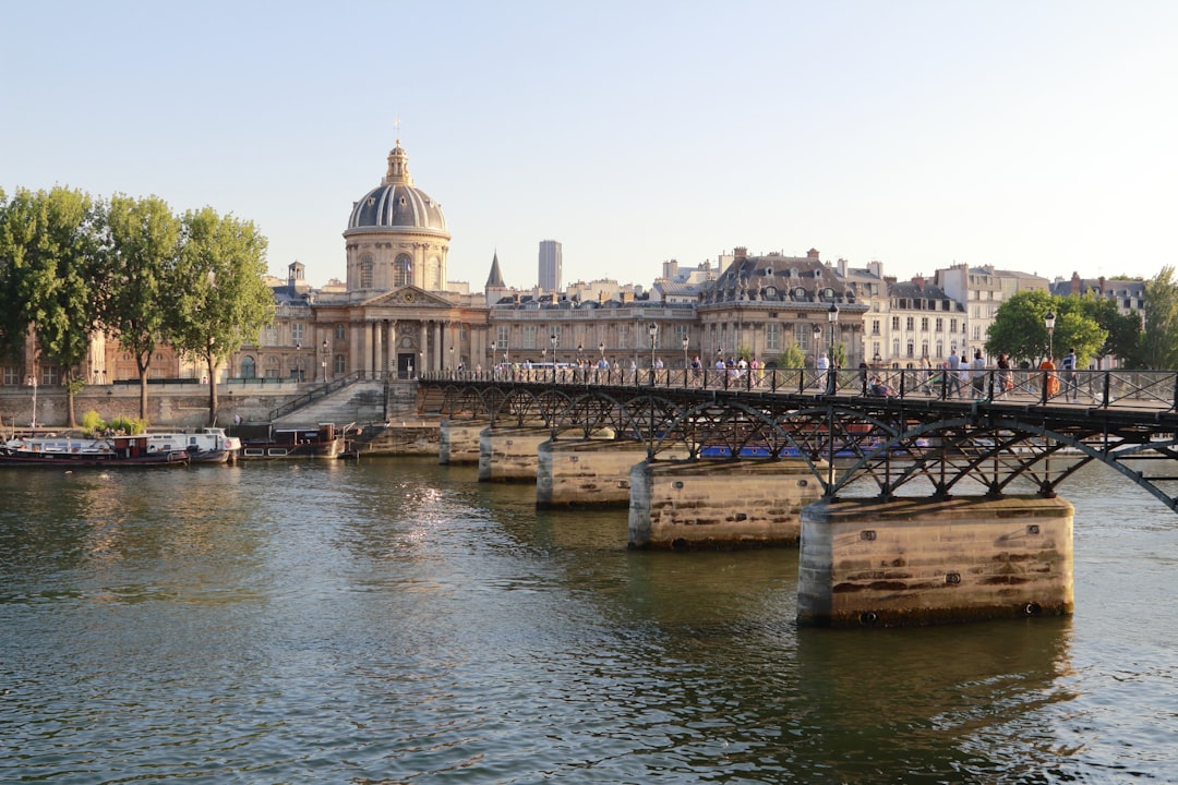 a bridge over a body of water with buildings in the background, Early evening at Pont des Arts - a steel bridge over Riv
