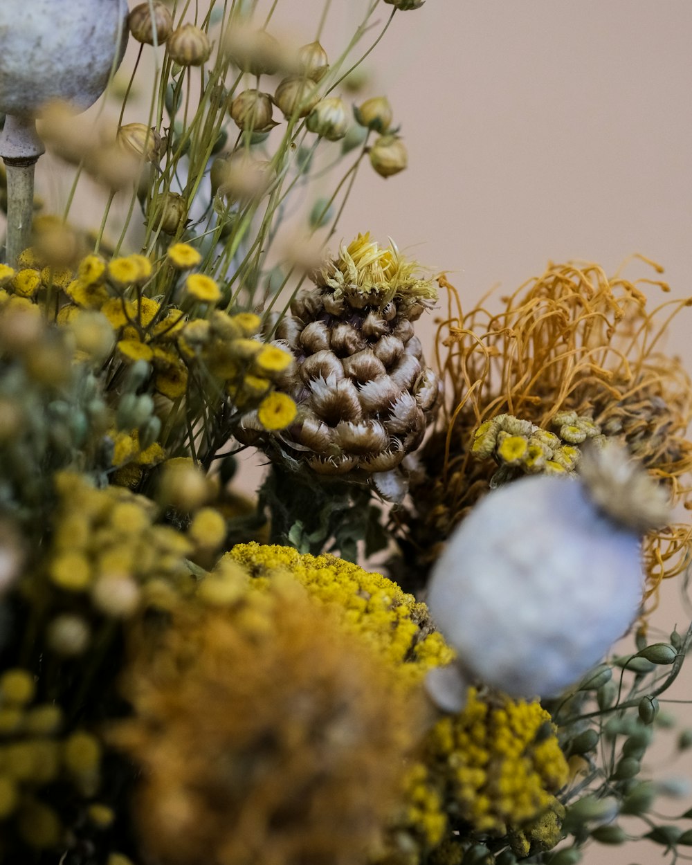 a vase filled with lots of different types of flowers