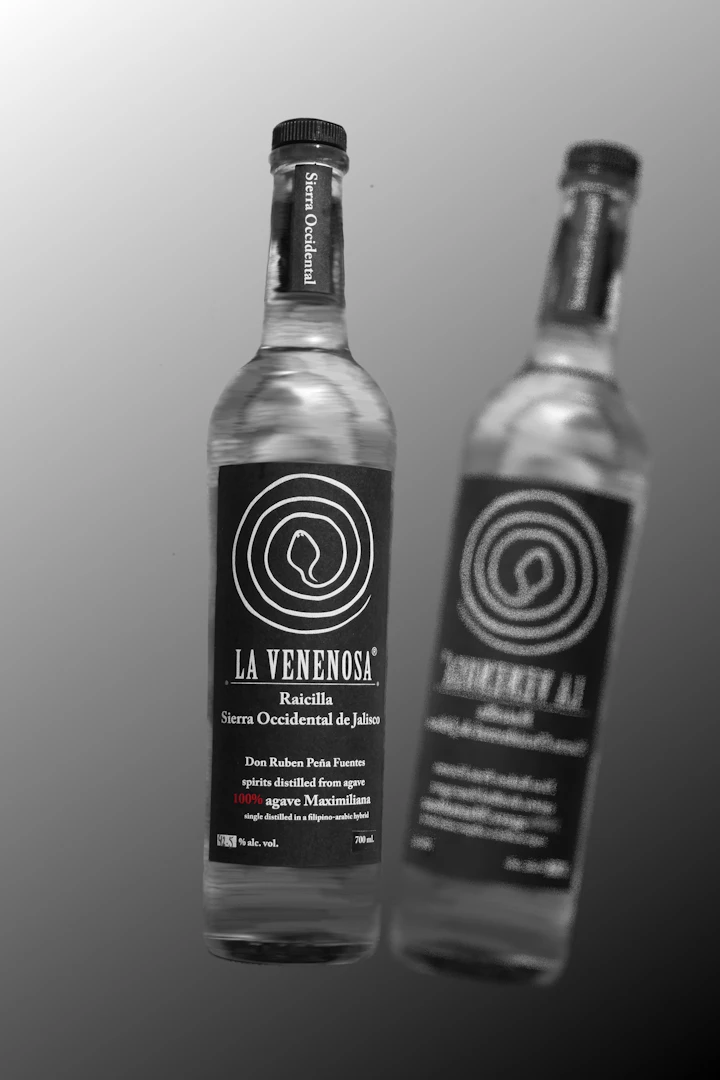 Mexican agave-spirit bottles photographed side by side