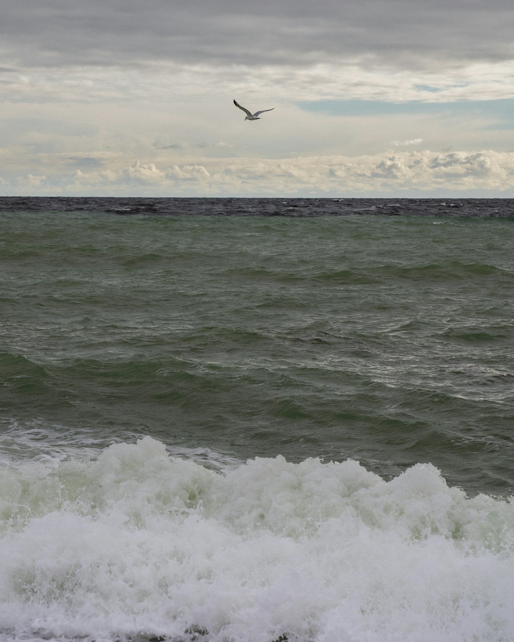 um avião voando sobre o oceano em um dia nublado