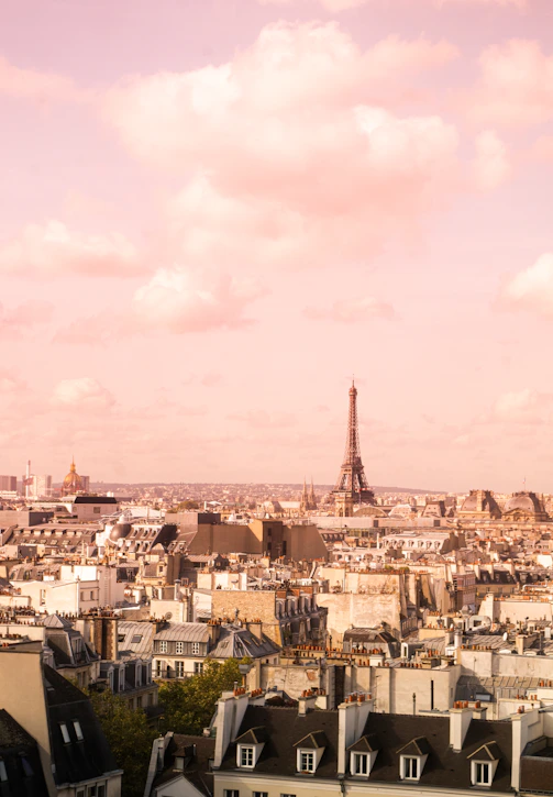 A panoramic shot of Paris with the Eiffel Tower glowing at dusk.