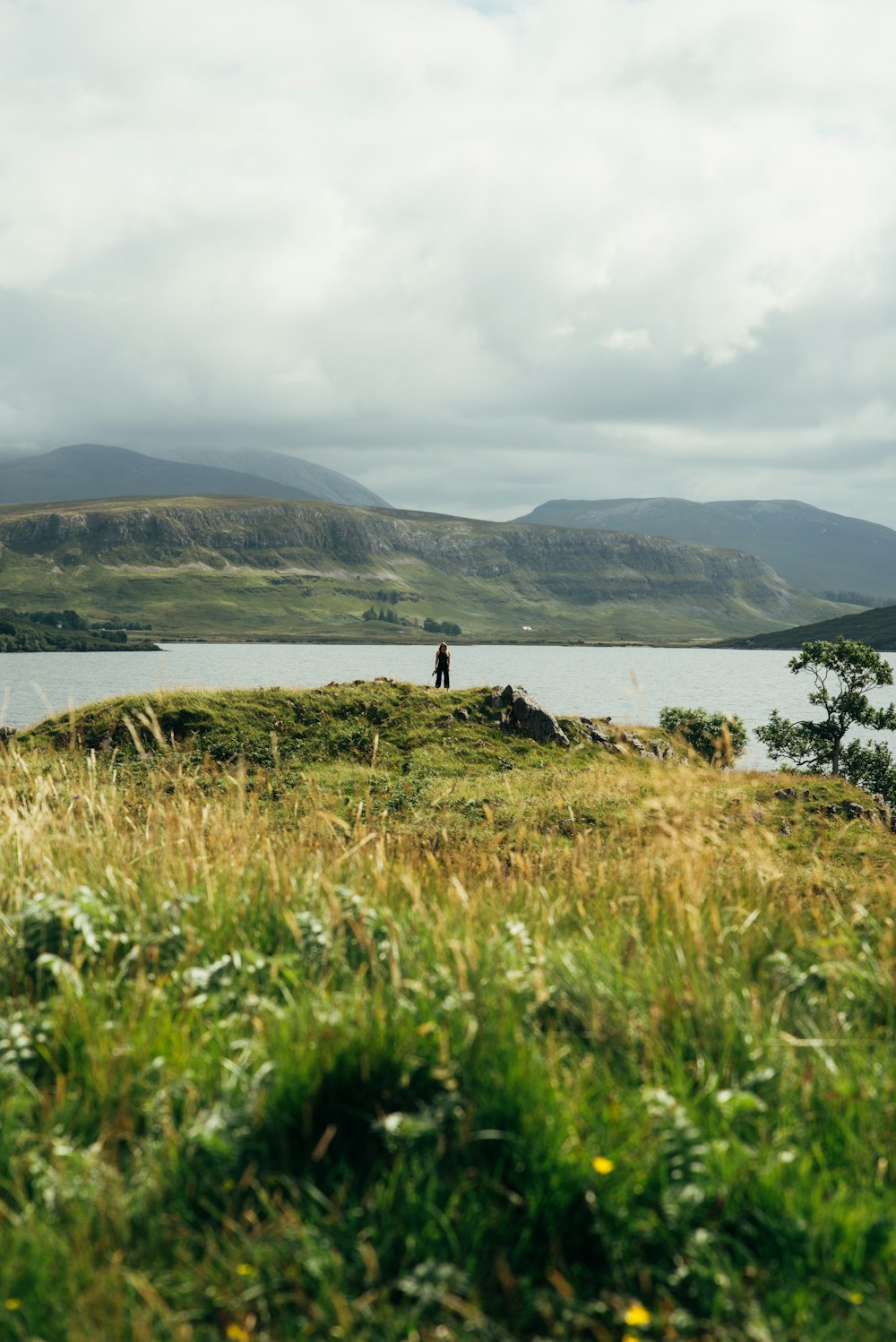 a person standing on top of a grass covered hill