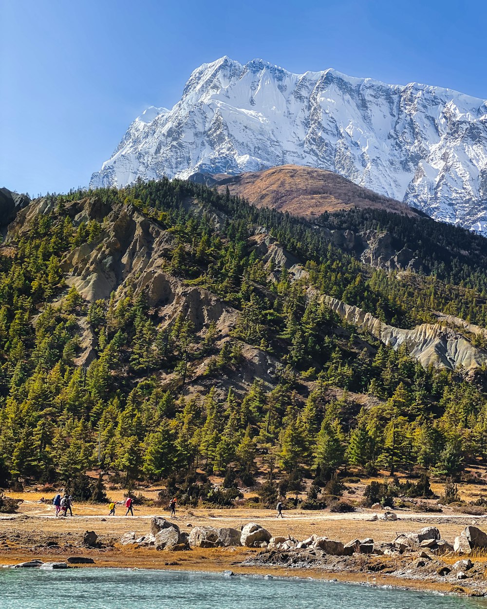 a group of people standing on a beach next to a mountain