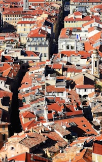 an aerial view of a city with red roofs
