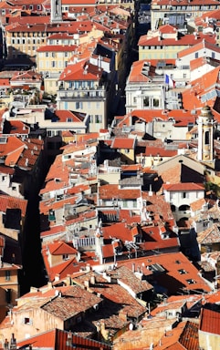 an aerial view of a city with red roofs