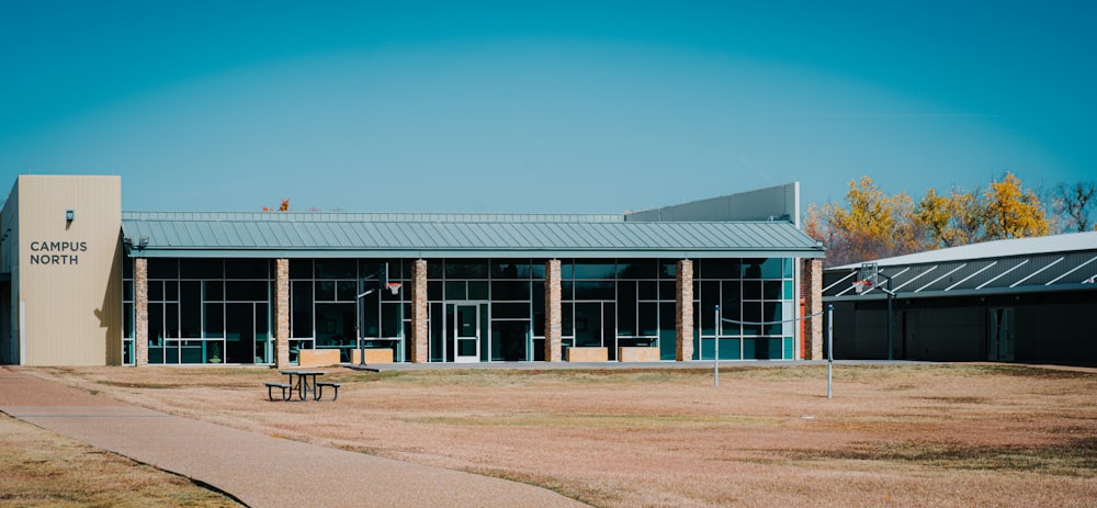 a building with a picnic table in front of it