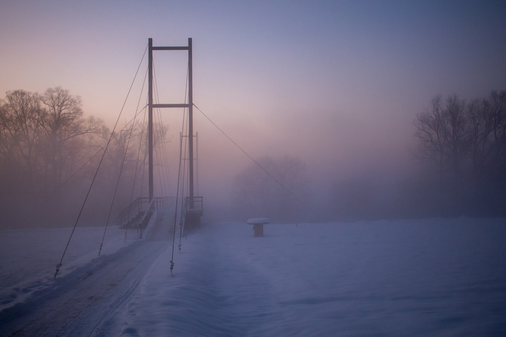 a bridge in the middle of a snowy field