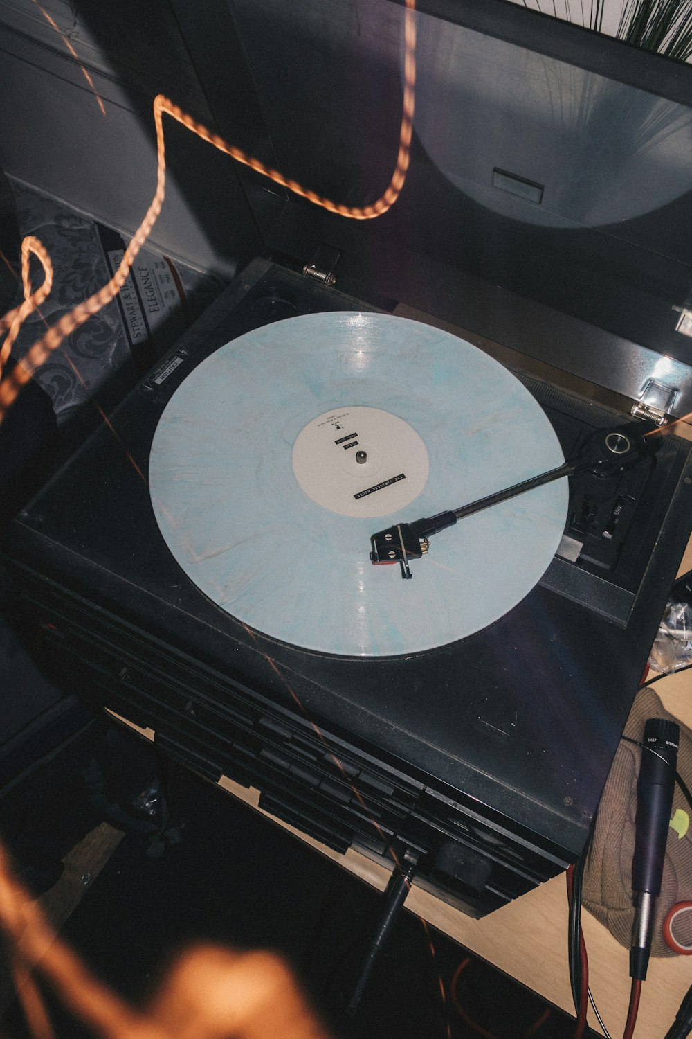 a record player sitting on top of a table