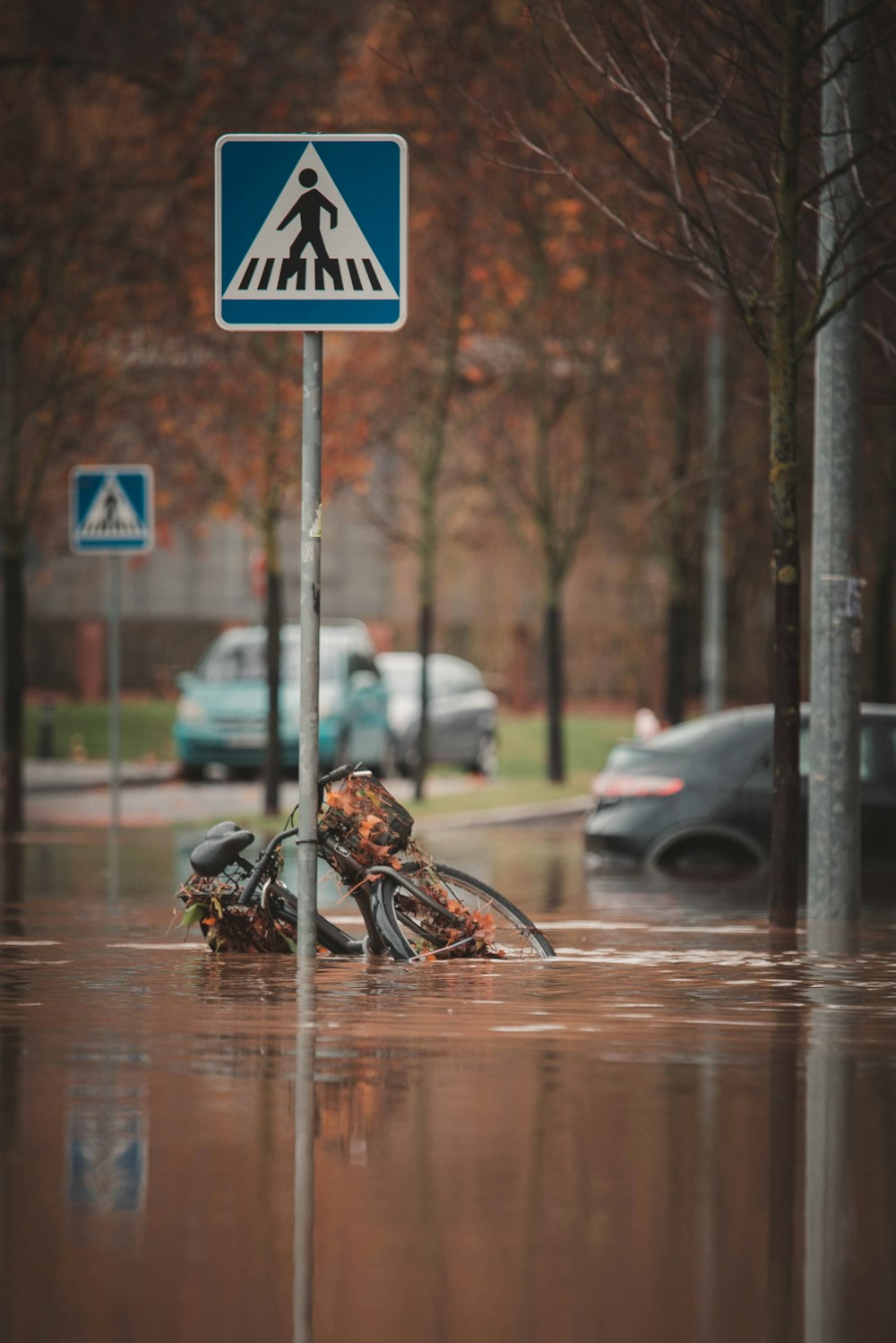 a street sign that has been flooded with water