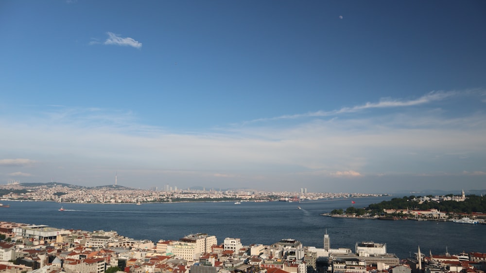 a large body of water with a city in the background