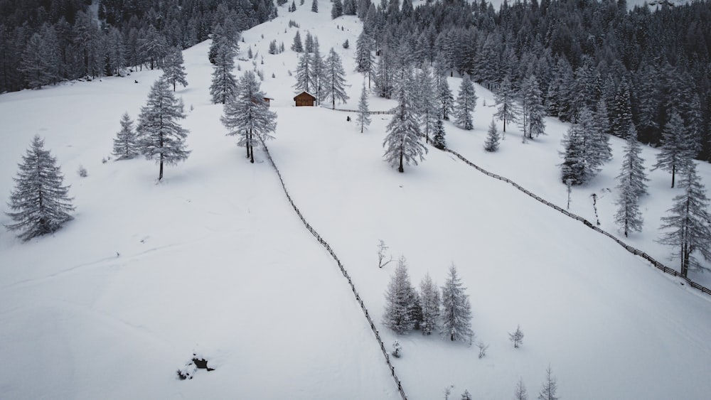 a snow covered mountain with a small cabin on top of it