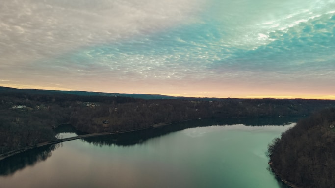 an aerial view of a lake surrounded by trees