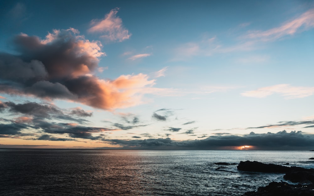 the sun is setting over the ocean on a cloudy day