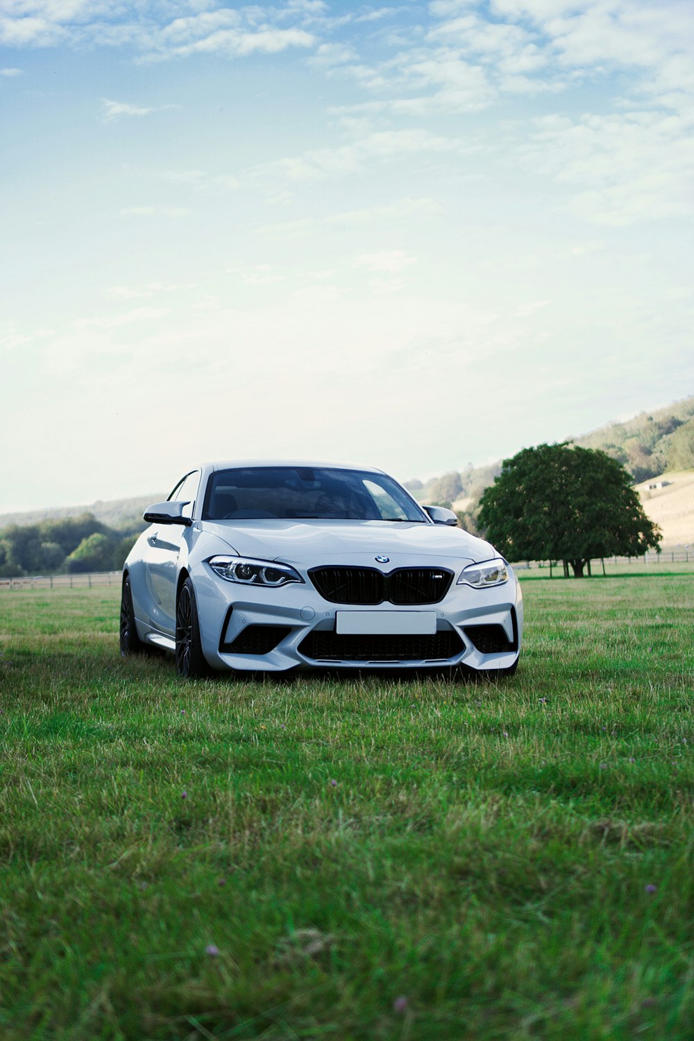 um carro esportivo branco estacionado em um campo