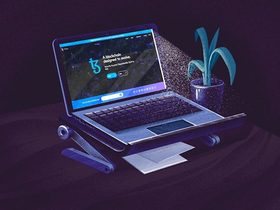 A stylized illustration of a laptop on a stand with a website open on the screen. Next to the laptop, there is a potted plant with broad leaves, and light appears to be illuminating from the screen.