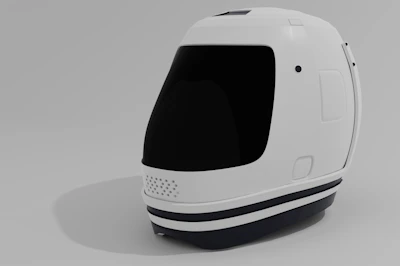 A sleek tactical helmet featuring rounded corners and cinematic lighting.