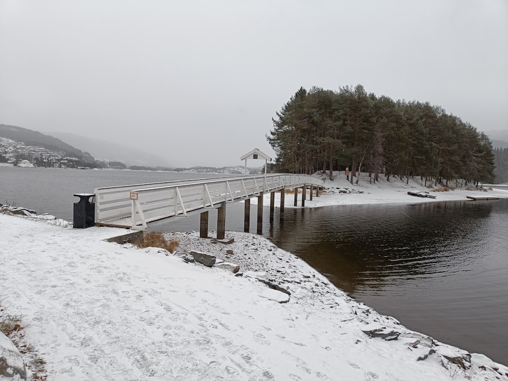a bridge over a body of water covered in snow