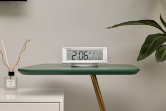 a clock sitting on top of a table next to a plant