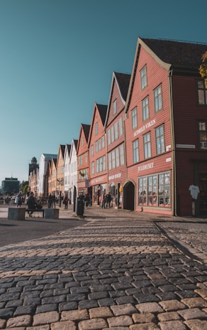 Historic German-style architecture lining a sunny pedestrian street in Qingdao’s old town.