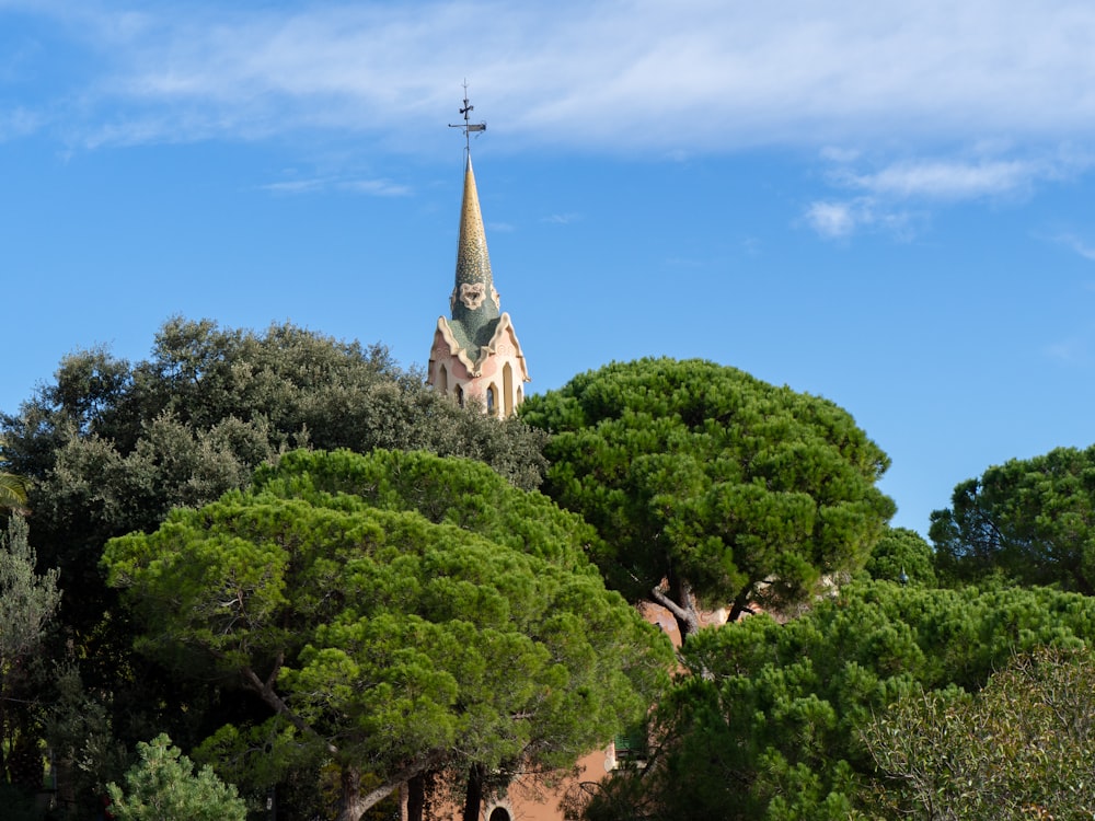 a church steeple surrounded by trees on a sunny day