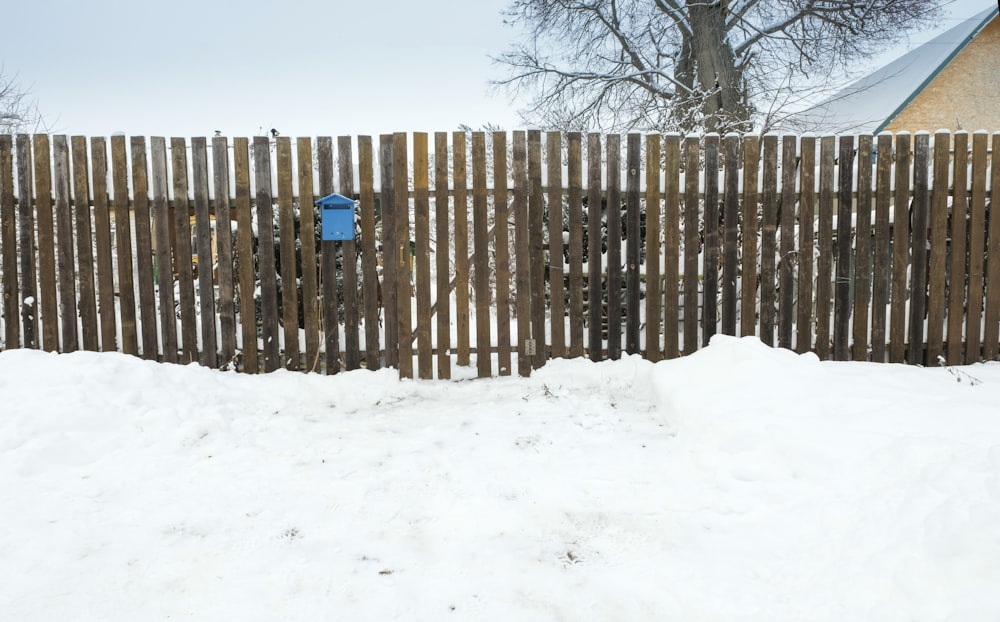 木製の柵の横に座っている青い消火栓