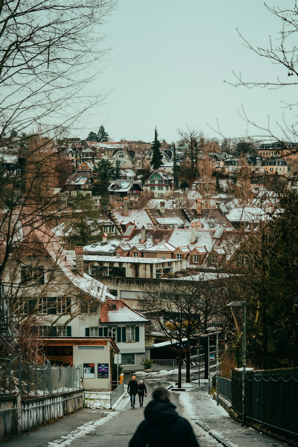 two people walking down a snowy street in a city