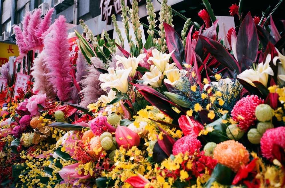 a bunch of flowers that are sitting in the grass