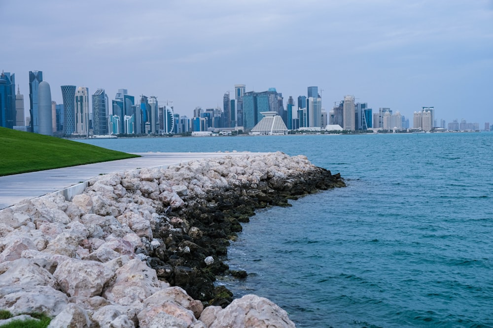 a large body of water with a city in the background