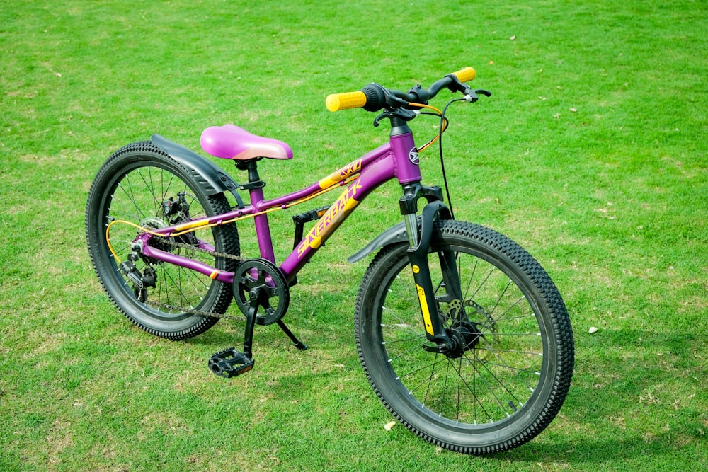 a purple bike parked on top of a lush green field