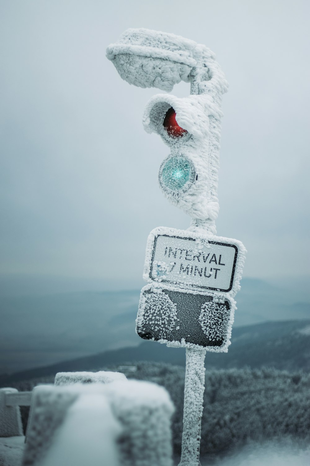 a traffic light that is covered in snow