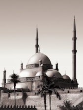 A large, historic mosque with multiple domes and slender minarets reaching into the sky. Palm trees are in the foreground, enhancing the beautiful architecture with intricate detailing. The structure is clad in stone, conveying a sense of grandeur and elegance.