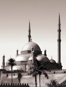 A large, historic mosque with multiple domes and slender minarets reaching into the sky. Palm trees are in the foreground, enhancing the beautiful architecture with intricate detailing. The structure is clad in stone, conveying a sense of grandeur and elegance.