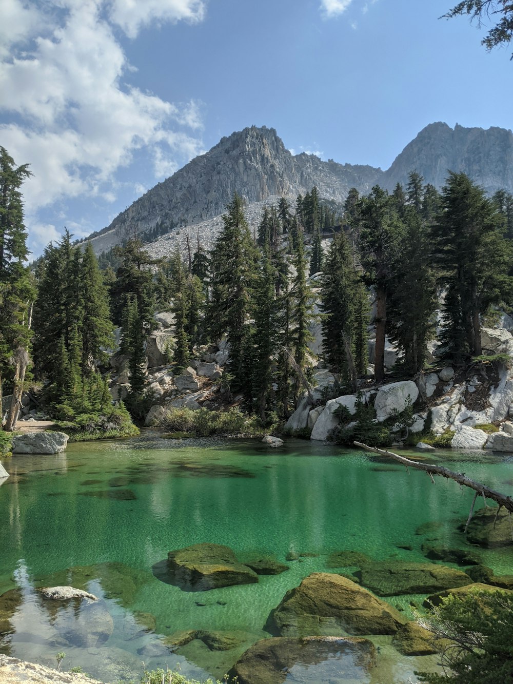 a green lake surrounded by mountains and trees