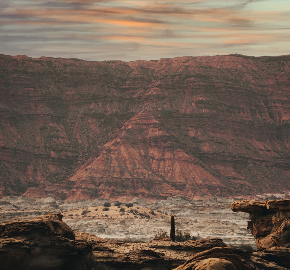 a person sitting on a rock with a mountain in the background