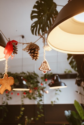 Festive decorations hang from a string, including a pine cone, a bell-shaped ornament, and a gingerbread man, illuminated by warm pendant lights. In the background, there are green plants and red ornaments, creating a cozy, holiday atmosphere.