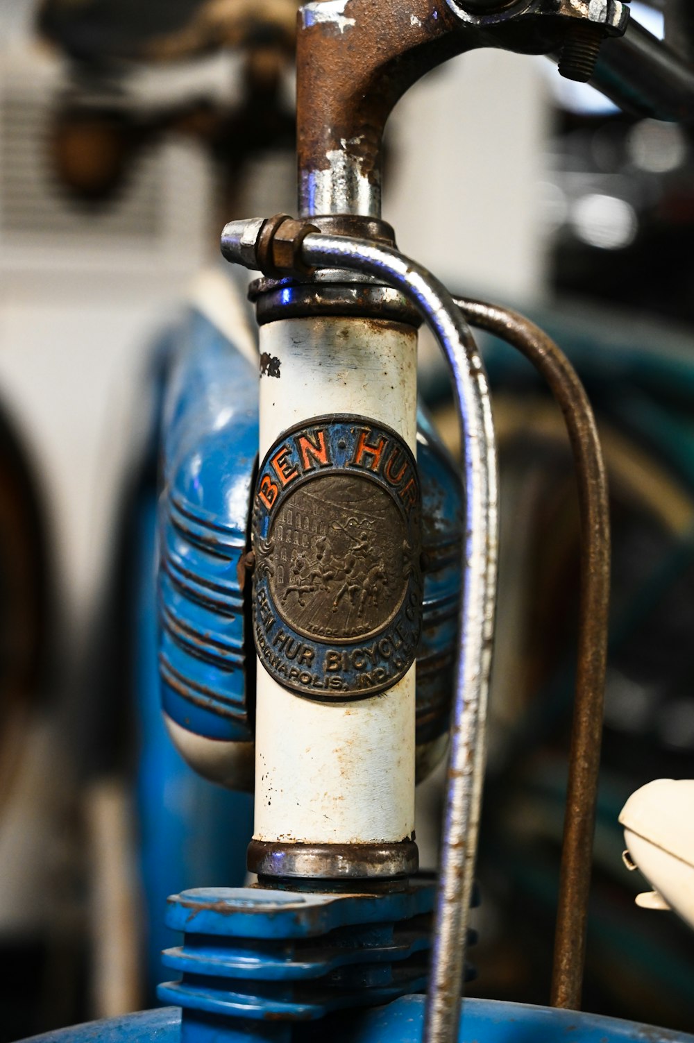 a close up of a blue bicycle handlebar