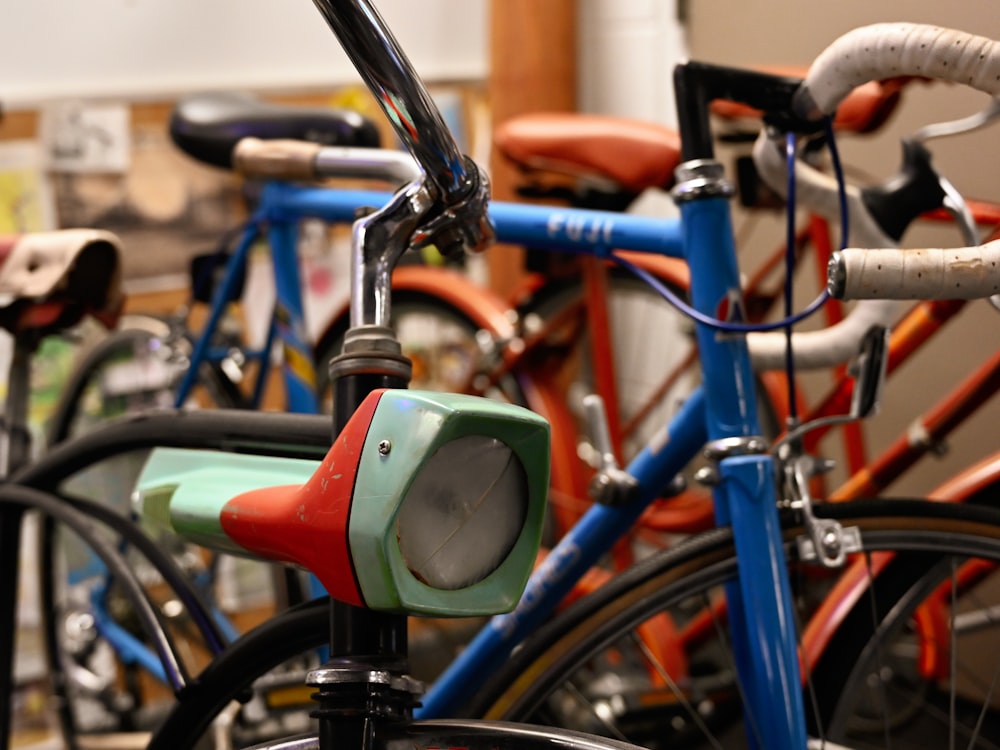 a group of bicycles parked next to each other