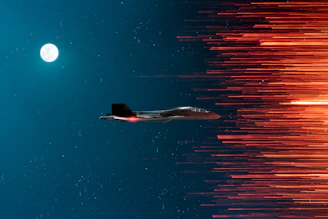 a jet flying through the air next to a full moon