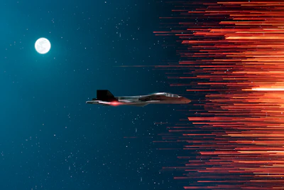 a jet flying through the air next to a full moon