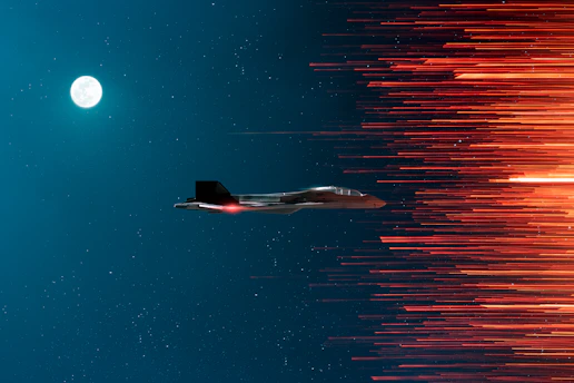 a jet flying through the air next to a full moon