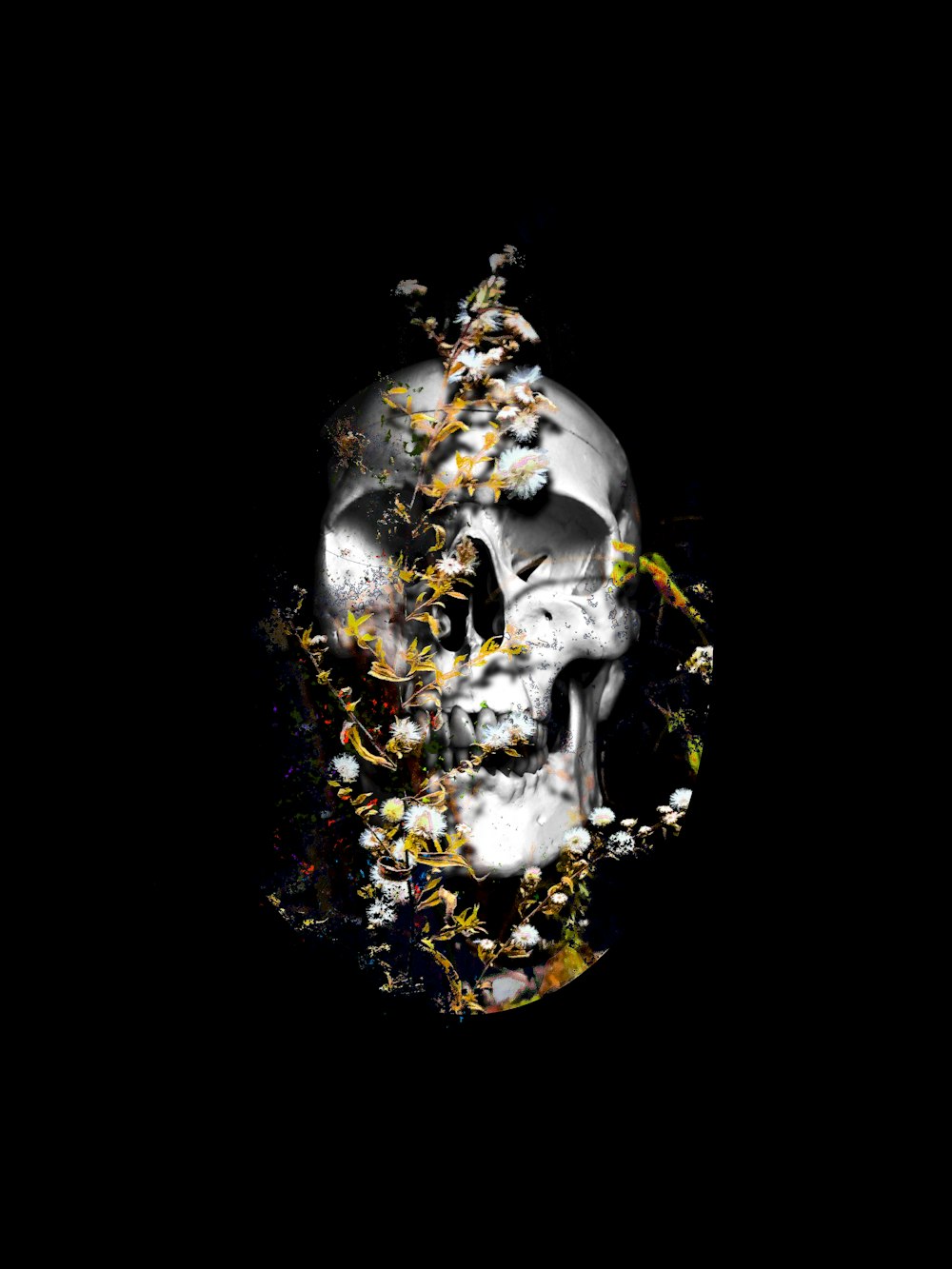 un crâne avec des fleurs dans la bouche sur fond noir