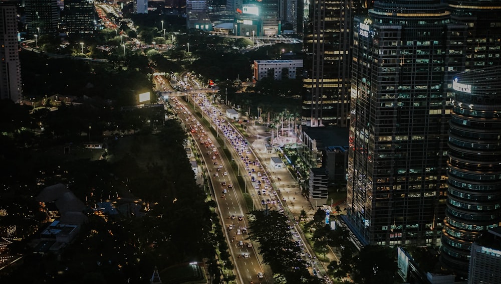 an aerial view of a city at night